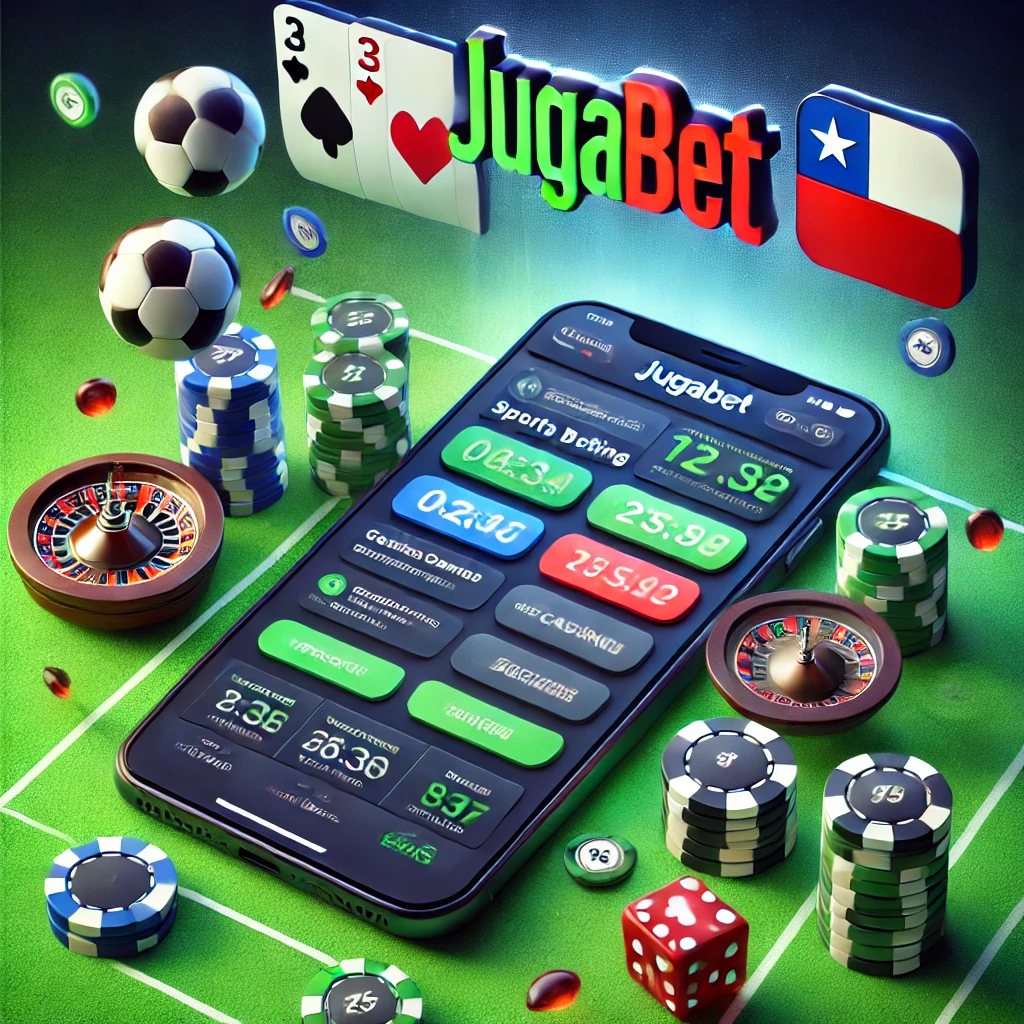 Promoción de JugaBet con su logotipo destacado en colores azul oscuro y verde, mostrando una interfaz móvil con apuestas deportivas, juegos de casino y opciones de pago confiables