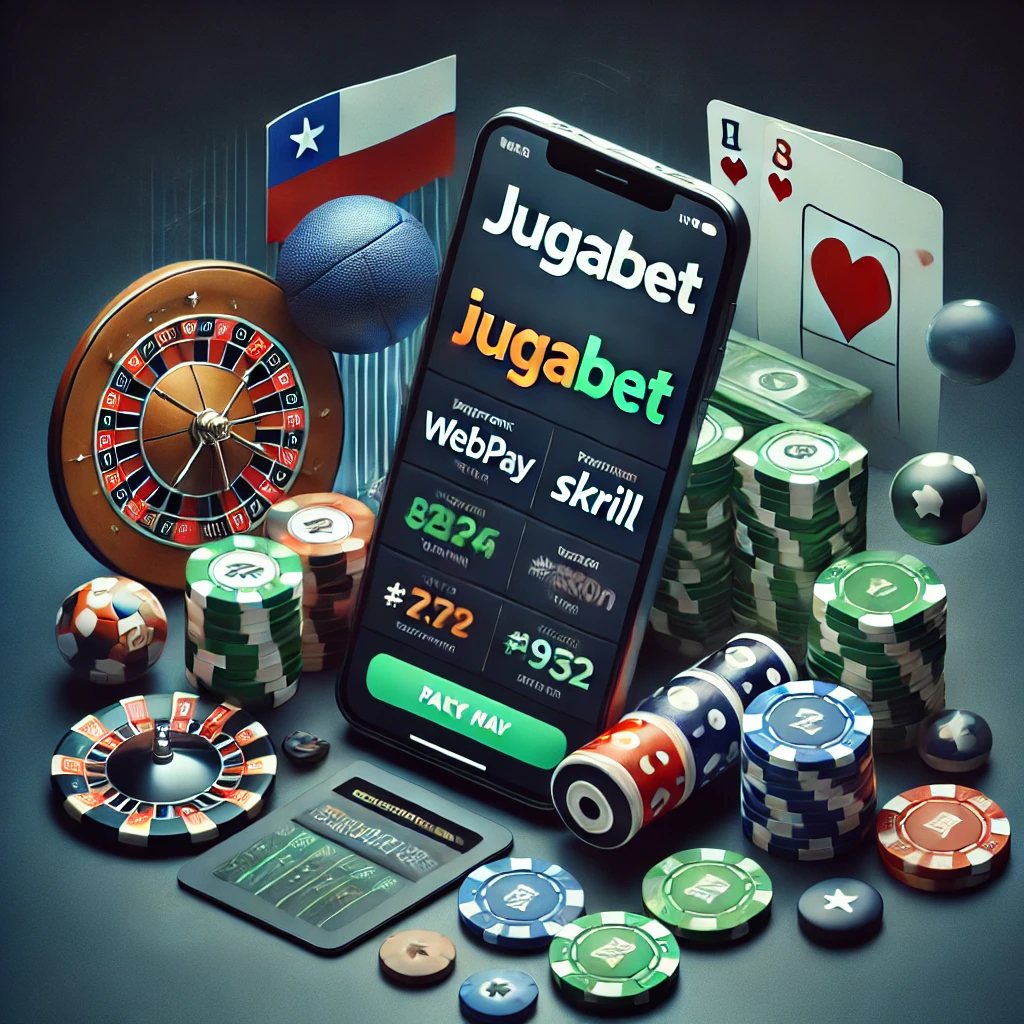 Promoción de JugaBet mostrando métodos de pago como WebPay, Skrill y Bitcoin junto a elementos de juegos de casino como ruleta y fichas, con el logotipo destacado de JugaBet.